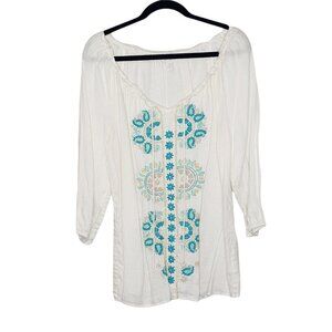 Charter Club Boho Blouse with teal Embroidery